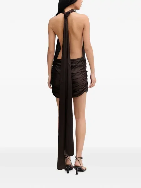 Rochie mini La Mania cu volane cu gât halter maro