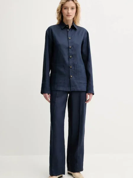 The Sleeper spodnie lniane szerokie high waist granatowy