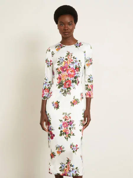 Dolce & Gabbana Satyna Sukienka Z Rękawem weiss biała