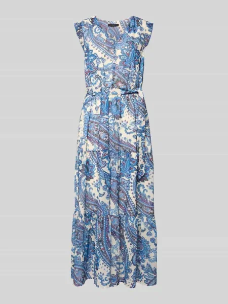 Sukienka midi w wzór na całej powierzchni z wiązanym Oui błękitna