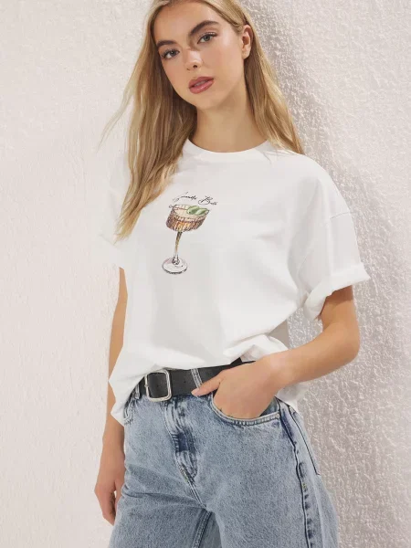 Trendyol Tricou ecru / maro caramel verde