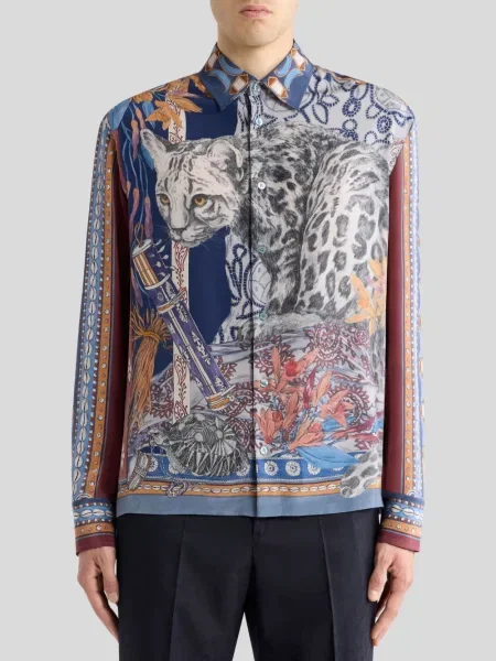 Cămașă Etro de mătase cu imagine cu model leopard albastru