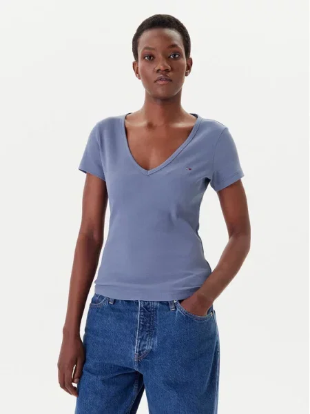 Tommy Jeans majica ženska od pamuka s elastanom plava