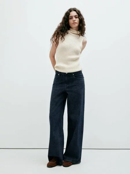 Jeansy wide leg w kratę Kobieta 40 MANGO niebieski