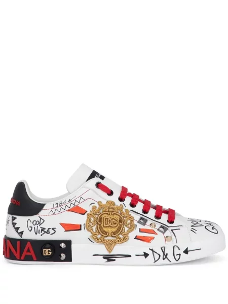 DOLCE & GABBANA ホワイトスリップ DOLCE&GABBANA PORTOFINO ロゴ ホワイトレザー スニーカー*白x黒