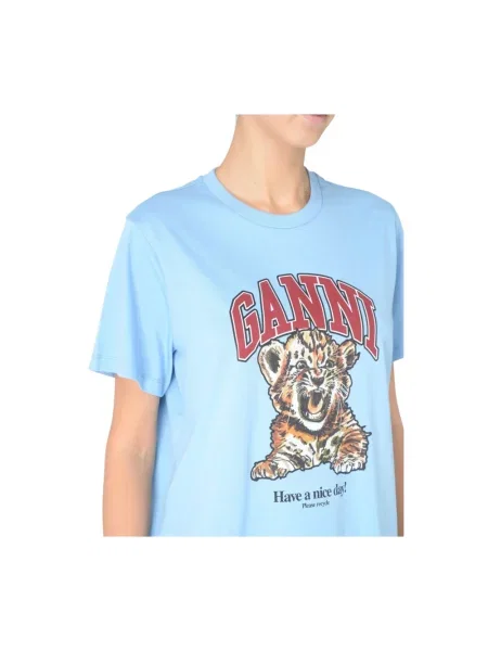 T-shirt basic Ganni w tygrysie prążki z dżerseju z dekoltem w kształcie litery U niebieski