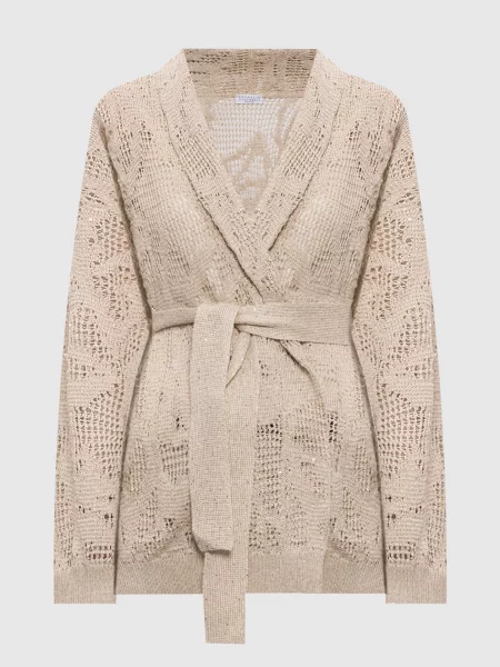 Ажурний кардиган на запах з льону Brunello Cucinelli бежевий