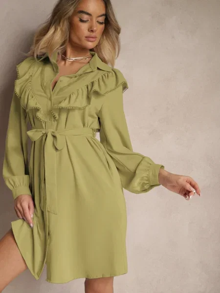 Rozkloszowana Sukienka Koszulowa z Falbankami i Koronką Naik zielona