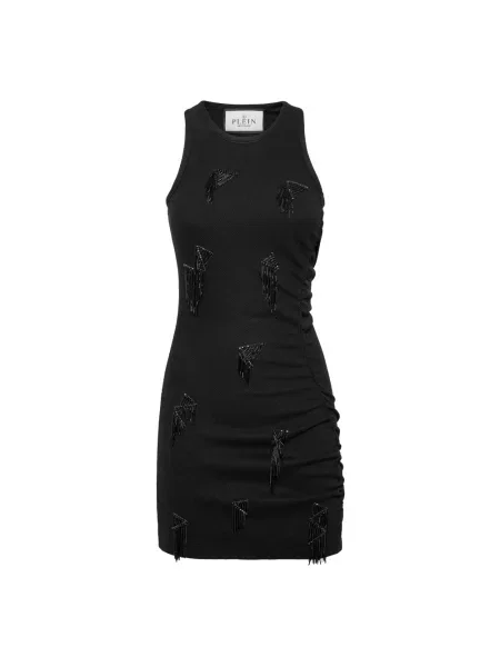 Krótka sukienka Philipp Plein z frędzli z dżerseju czarna