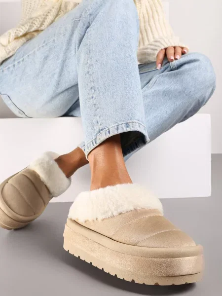 Cizme de zăpadă slip-on cu platformă decorate cu blăniță Sinthiana bej