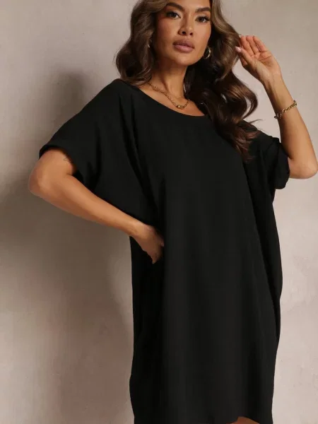 Boho Sukienka Mini o Fasonie Nietoperza z Okrągłym Dekoltem Maglia czarna