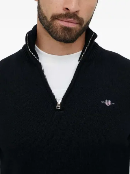 Pulover Gant cu broderie de jumătate de fermoar negru