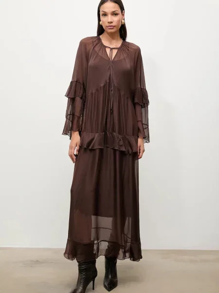 Answear.LAB sukienka z jedwabiem maxi prosta brązowy