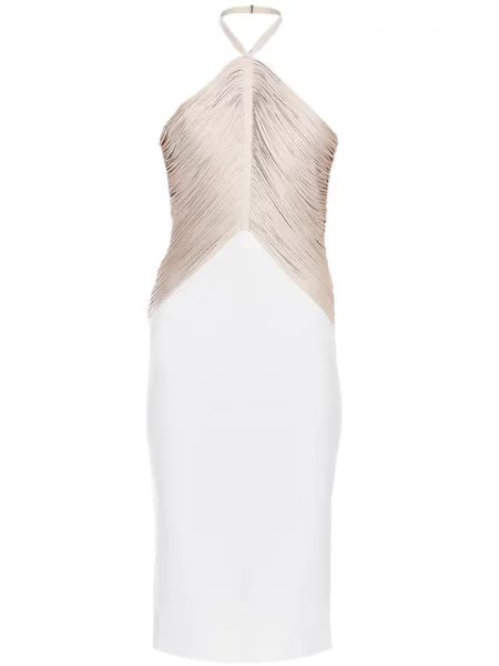 Sukienka midi Hervé Léger z frędzli do kolan z dekoltem halter biała