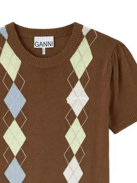 Tricou Ganni cu model argyle maro