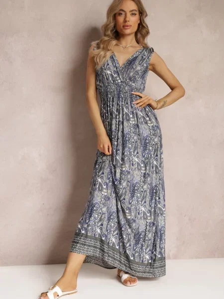 Sukienka Maxi o Wzorze Paisley z Cienkimi Gumkami w Talii Trueth niebieska