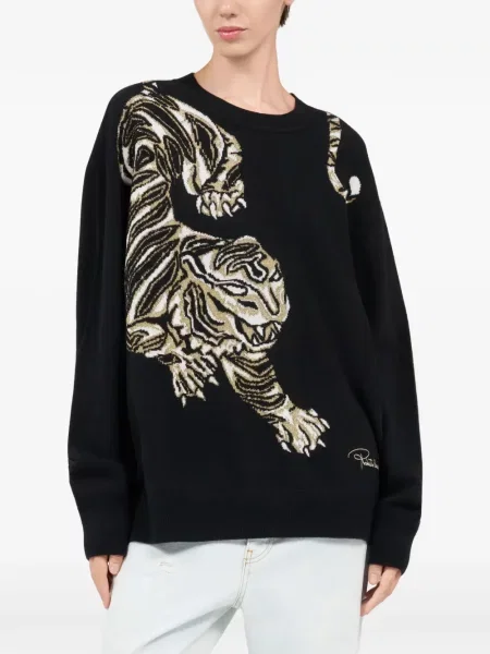 Svetr Roberto Cavalli s potiskem s tygřím vzorem černý