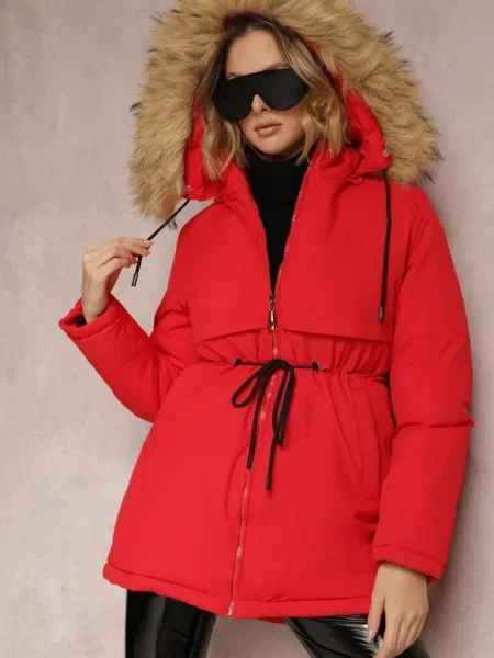 Jachetă Parka cu Glugă cu Blană Bimi roșie
