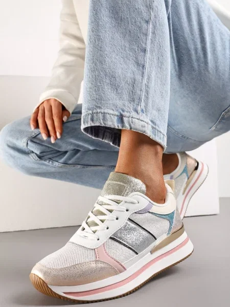 Szampańskie Sneakersy Ozdobione Brokatem i Kolorowymi Wstawkami Veradis srebrne