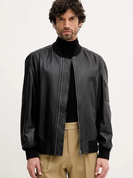 Kožna jakna BOSS Orange Jakri za prijelazno razdoblje crna