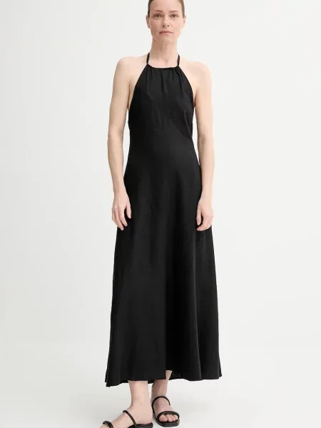 Gestuz sukienka z domieszką lnu maxi rozkloszowana czarny