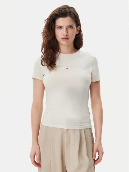 Тениска Tommy Jeans Slim Tonal Linear Tee Beige XS бежово