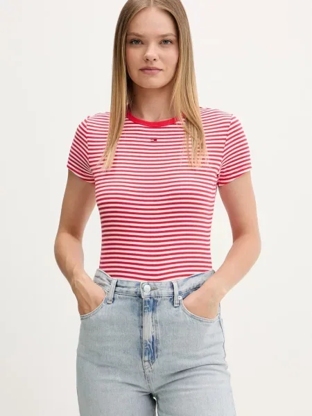 Tommy Jeans T-shirt basic γυναικείο από με ελαστάν κόκκινο