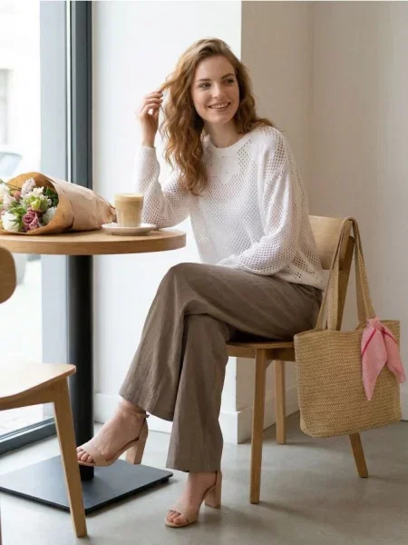 Мереживний светр з вишитими квітами кремовий