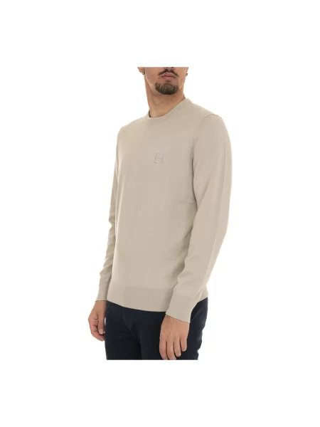 Sweter Boss z kaszmiru z okrągłym dekoltem z logo beżowy