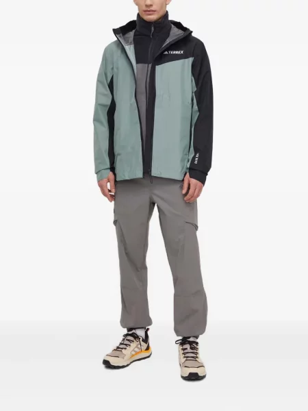 Geacă cu puf Adidas din piele de căprioară cu dungi cu glugă albastru