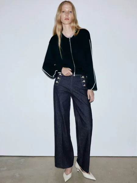Jeansy wide leg z bocznymi Kobieta 50 MANGO niebieski