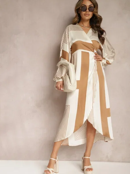 Rochie tip kimono cu cordon in talie cu model geometric Erostta bej