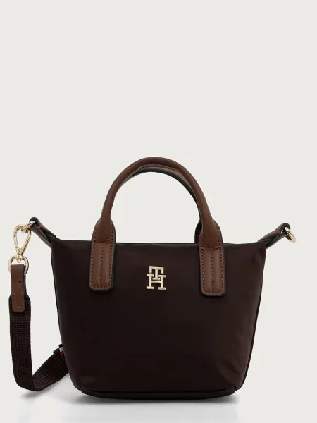 Torba z uchwytem z detal z logo Tommy Hilfiger brązowa