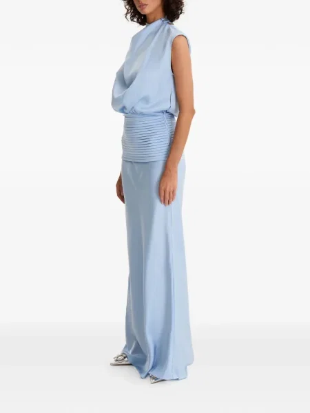 Rochie maxi Moos Studio plisată cu un umăr gol de costum albastru