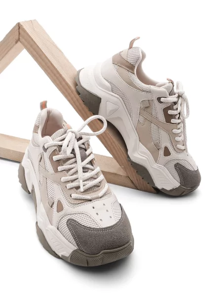 Sneakerși Marjin cu șireturi din dantelă bej