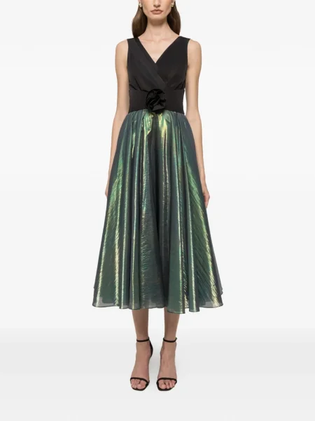 Rochie midi Nissa cu model floral cu decolteu în V până la genunchi verde