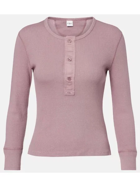 Cămașă Chloé tricotate cu guler henley roz