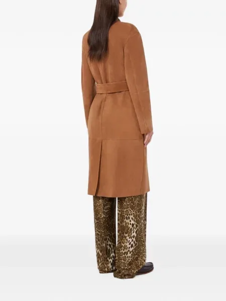 Cu centură palton Max Mara din piele de căprioară maro