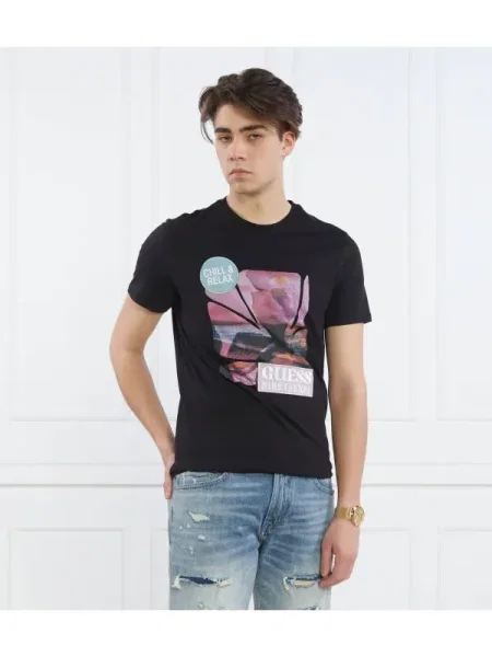 GUESS Tricou SUNSET FLOWER negru