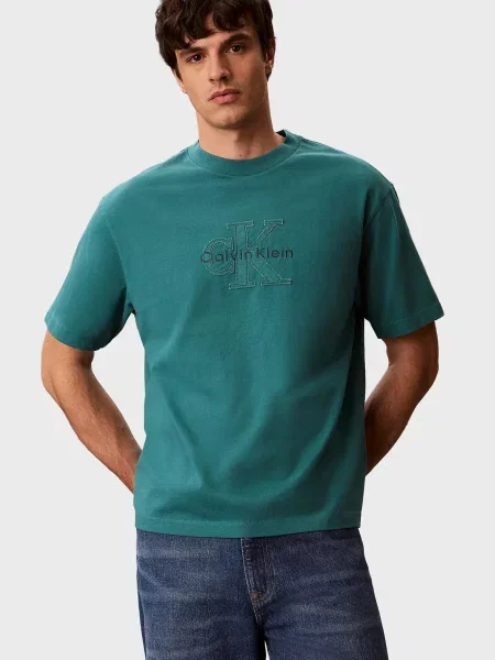 Лляна футболка Calvin Klein Jeans з аплікацією зелена
