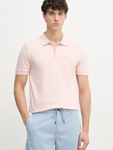 BOSS Orange polo tričko pánske s bavlnou ružová