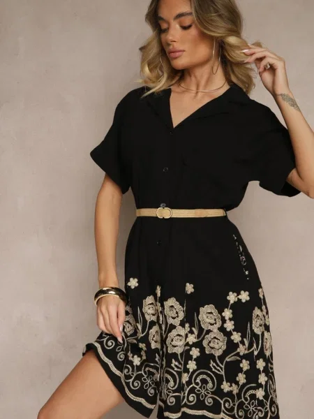 Koszulowa Sukienka z Bawełny o Rozkloszowanym Kroju z i Haftem Nalista czarna