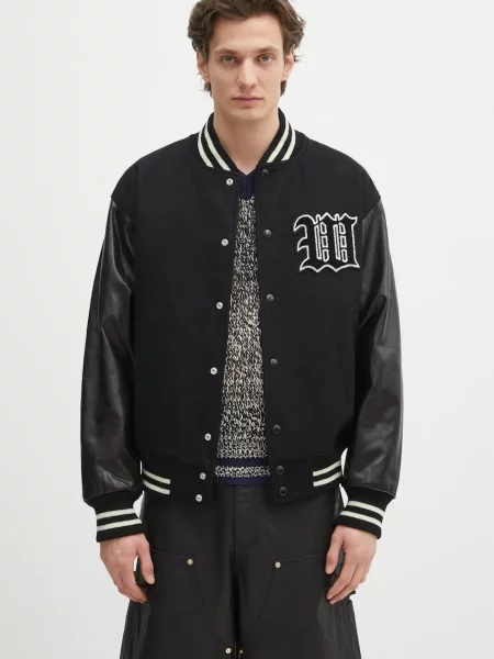 Wacko Maria jachetă bomber din lână Leather Varsity de tranzitie negru