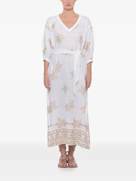Cu centură rochie 120% Lino cu model floral alb