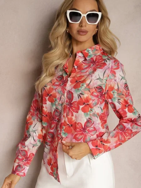 Czerwono-Różowa Klasyczna Koszula na z Bawełny w Kwiaty Taviea czerwona