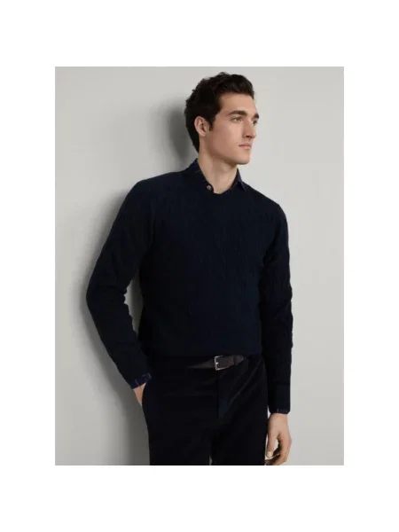 Sweter Hackett wełniany z okrągłym dekoltem niebieski