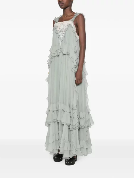 Rochie maxi Chloé de mătase cu volane verde