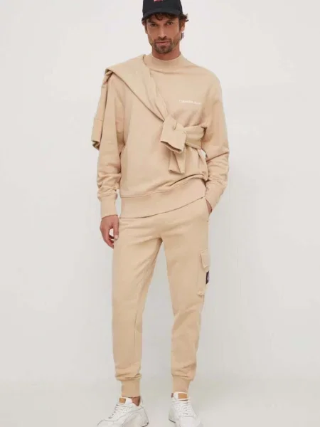 Bluza z nadrukiem Calvin Klein Jeans z długim rękawem beżowa