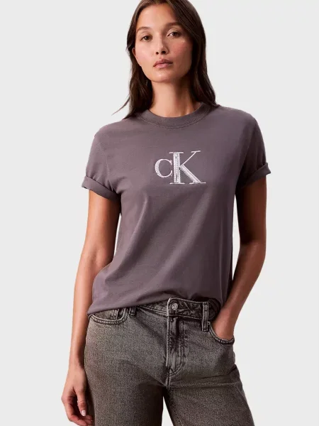 Графічний футболка Calvin Klein Jeans з паєтками сіра