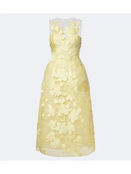 Rochie midi Monique Lhuillier cu model floral din tul galben